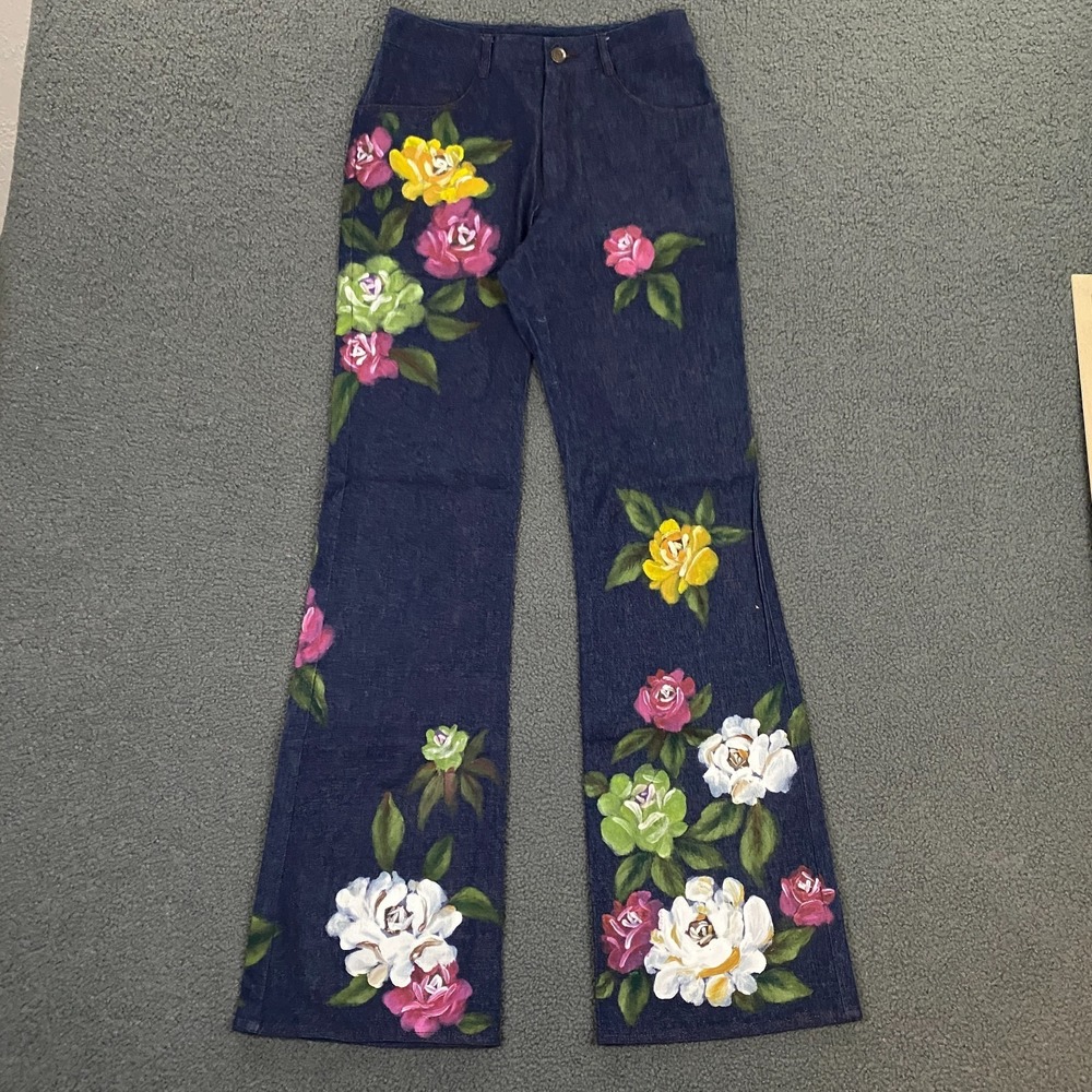 Vintage Y2K Mandalay Jeans size 4 Flare Bootcut Hand Painted Flowers Boho NEW
